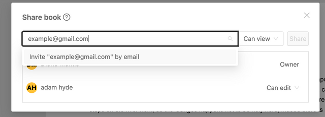 Share your book with an existing user or invite to join by email
