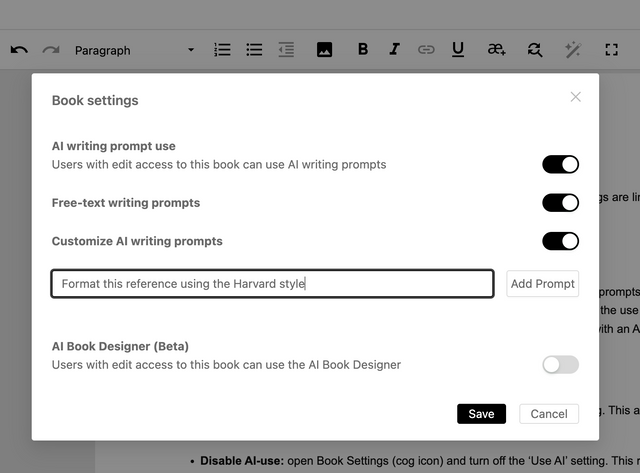 Book settings showing a custom prompt being added