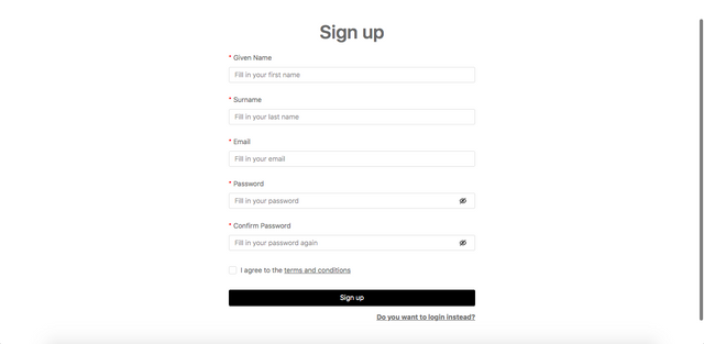 Sign up page