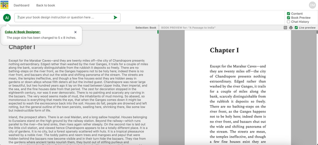 The AI Book Designer showing changes the page size to 5 x 8 inches