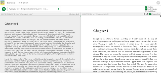 The AI book designer with the content selector and book PDF preview in view